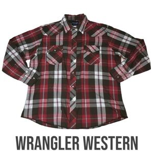 Wrangler Western ‎Pearl Snap Brown Red Plaid Long Sleeve Shirt - Men’s XL